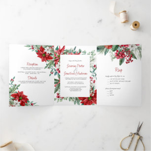 Red Poinsettias, Holly, Berries Christmas Wedding Tri-Fold Invitation