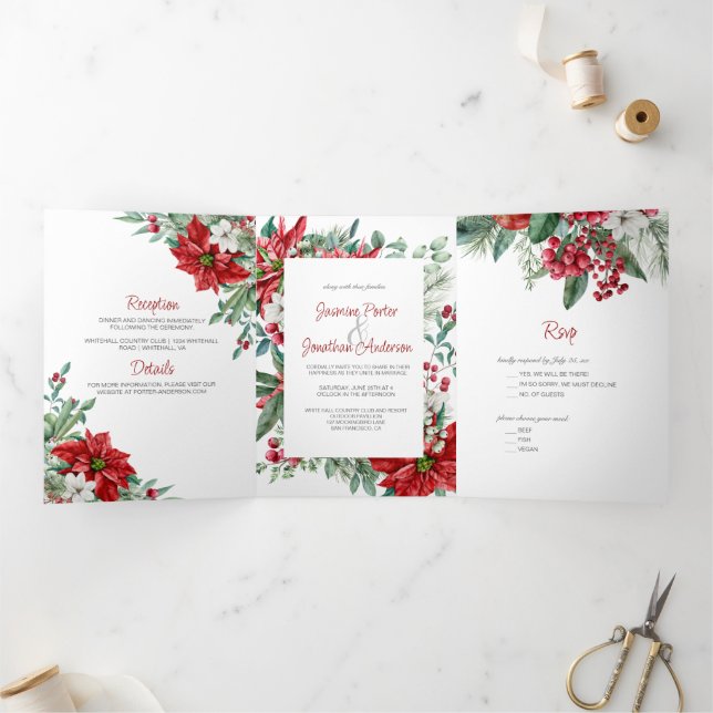 Red Poinsettias, Holly, Berries Christmas Wedding Tri-Fold Invitation (Inside)
