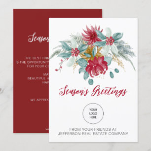 Red Poinsettias Holly Company Logo Business Holiday Card