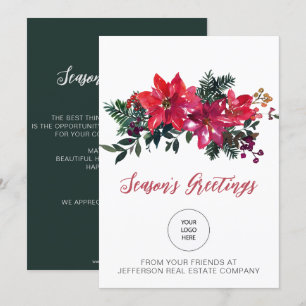 Red Poinsettias Holly Company Logo Business Holiday Card
