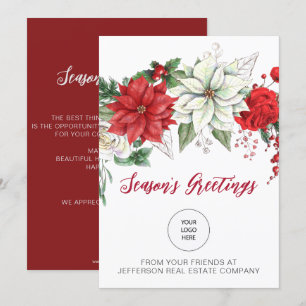 Red Poinsettias Holly Company Logo Business Holiday Card
