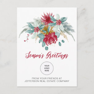Red Poinsettias Holly Company Logo Business Holiday Postcard
