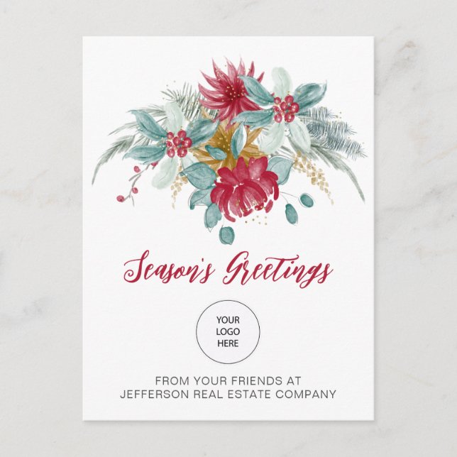 Red Poinsettias Holly Company Logo Business   Holiday Postcard (Front)