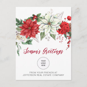 Red Poinsettias Holly Company Logo Business Holiday Postcard