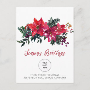 Red Poinsettias Holly Company Logo Business Holiday Postcard