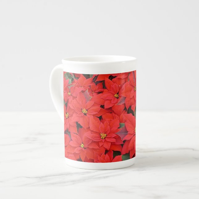 Red Poinsettias I Christmas Holiday Floral Photo Bone China Mug (Front Left)