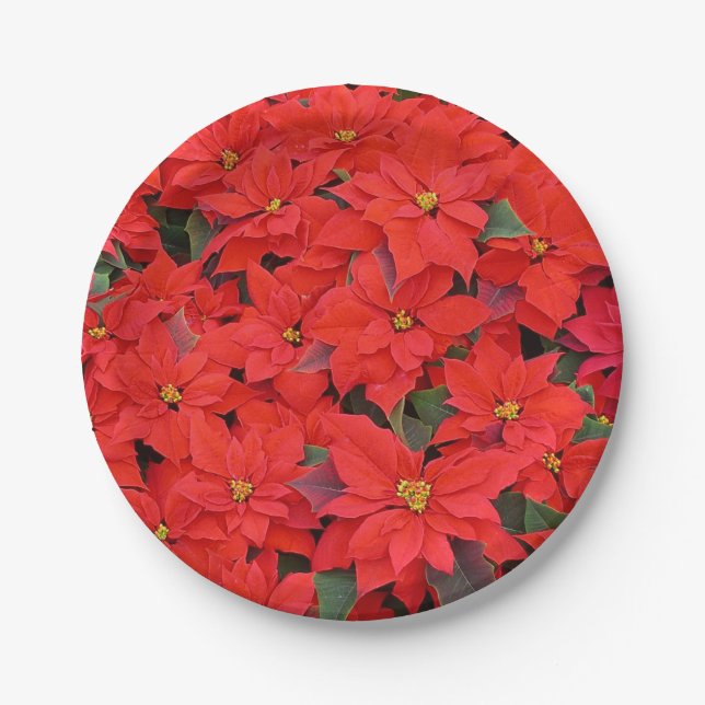 Red Poinsettias I Christmas Holiday Floral Photo Paper Plate (Front)