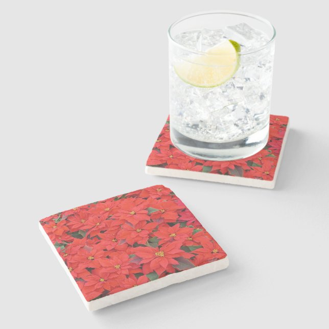 Red Poinsettias I Christmas Holiday Floral Photo Stone Coaster (Side)