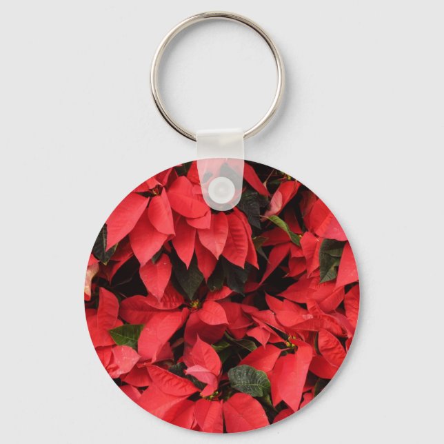 Red Poinsettias II Christmas Holiday Floral Key Ring (Front)