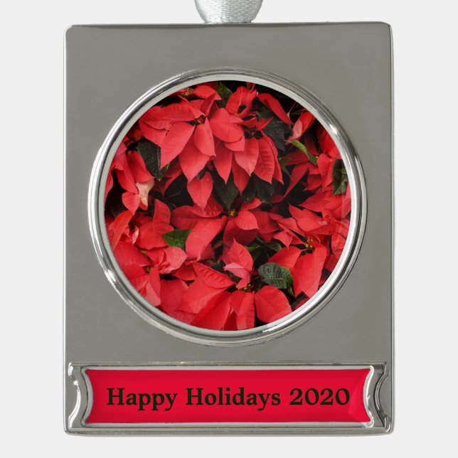 Red Poinsettias II Christmas Holiday Floral Silver Plated Banner Ornament (Front)