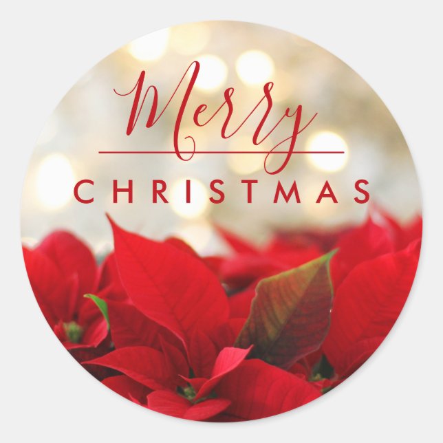 Red Poinsettias Merry Christmas Bokeh Lights Classic Round Sticker (Front)