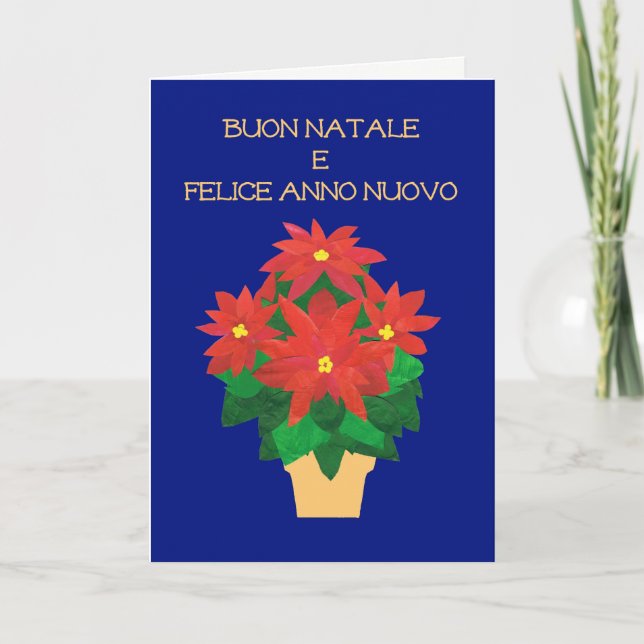 Red Poinsettias on Blue Italian Language Greeting Holiday Card (Front)