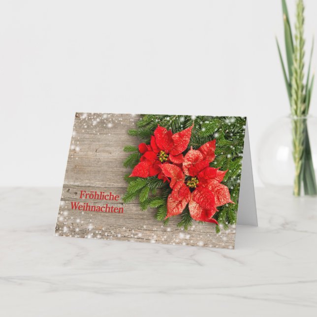 Red Poinsettias on wood German Christmas Holiday Card (Front)