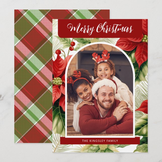 Red Poinsettias Plaid Christmas Personalised Photo Holiday Card (Front/Back)