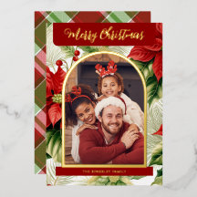 Red Poinsettias Plaid Christmas Photo