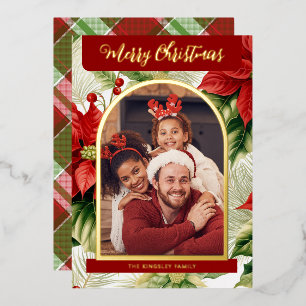 Red Poinsettias Plaid Christmas Photo Foil Holiday Card