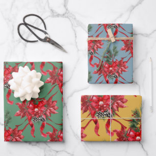 Red Poinsettias Ribbon Bows Lattice Green Red Gold Wrapping Paper Sheet