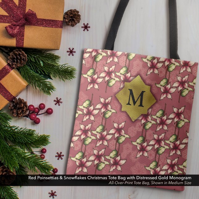Red Poinsettias & Snowflakes Christmas Monogram Tote Bag (Red Poinsettias & Snowflakes Christmas Tote Bag Monogram with Distressed Gold Monogram)