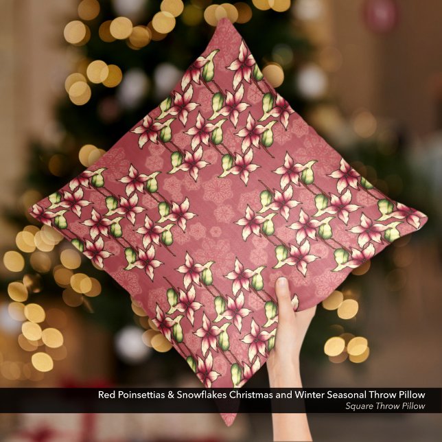Red Poinsettias & Snowflakes Christmas Winter Cushion (Red Poinsettias & Snowflakes Christmas and Winter Season Throw Pillow)