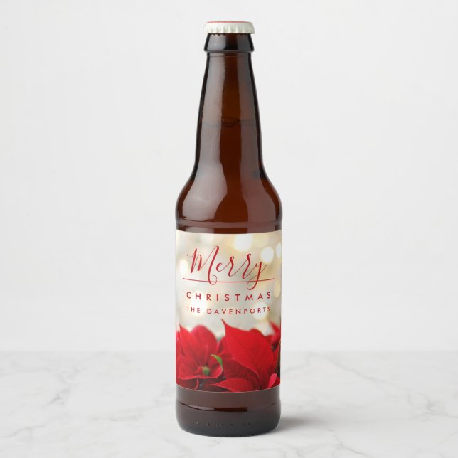Red Poinsettias with Golden Bokeh Christmas Beer Bottle Label (Front)