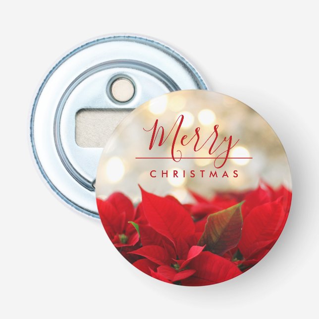 Red Poinsettias with Golden Bokeh Christmas Bottle Opener (Front)