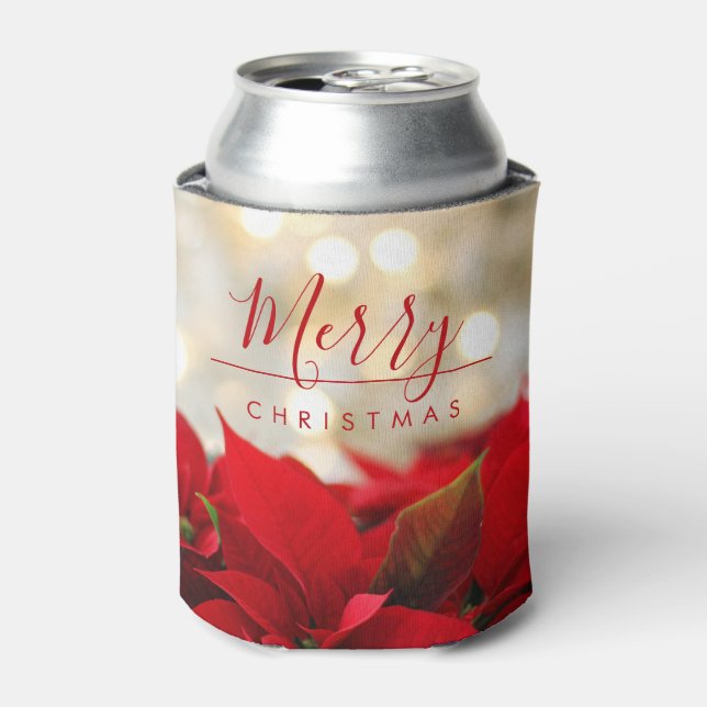 Red Poinsettias with Golden Bokeh Christmas Can Cooler (Can Front)