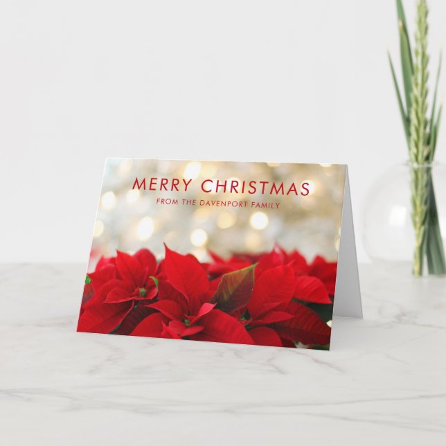 Red Poinsettias with Golden Bokeh Christmas Card (Front)