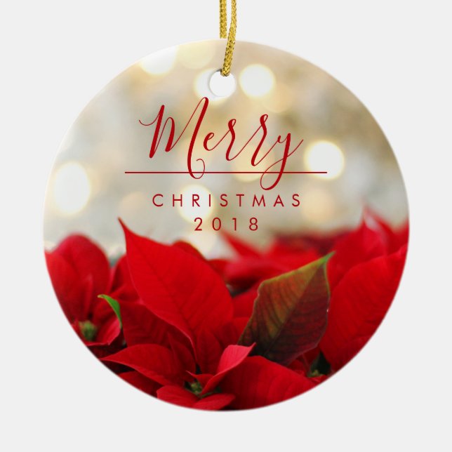 Red Poinsettias with Golden Bokeh Christmas Ceramic Tree Decoration (Front)