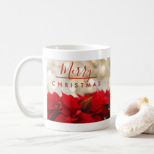 Red Poinsettias with Golden Bokeh Christmas Coffee Mug
