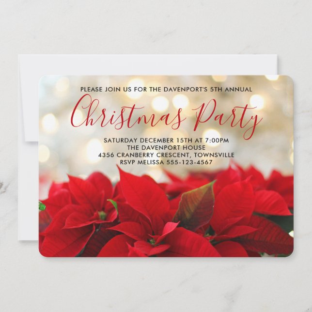 Red Poinsettias with Golden Bokeh Christmas Invite (Front)
