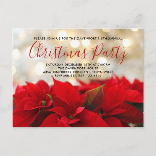Red Poinsettias with Golden Bokeh Christmas Invite Postcard