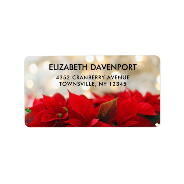 Red Poinsettias with Golden Bokeh Christmas Label (Front)