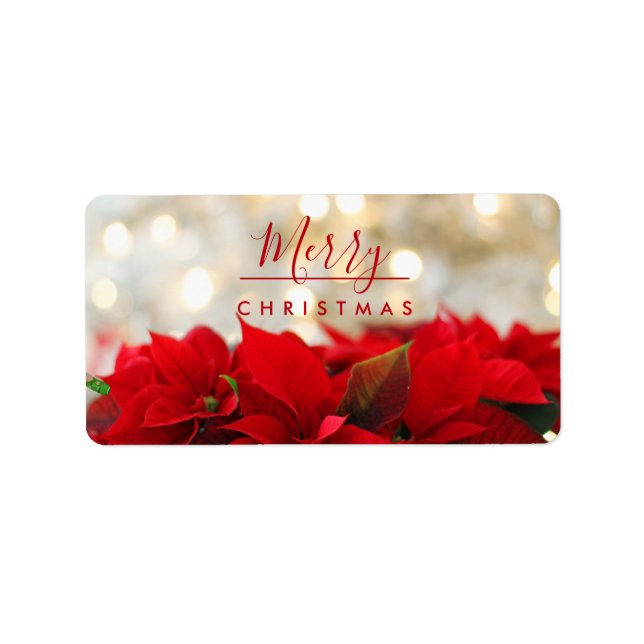 Red Poinsettias with Golden Bokeh Christmas Label (Front)