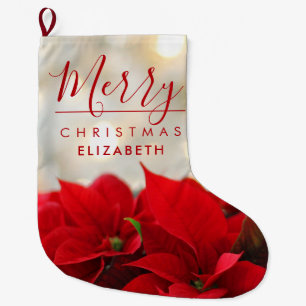 Red Poinsettias with Golden Bokeh Christmas Large Christmas Stocking