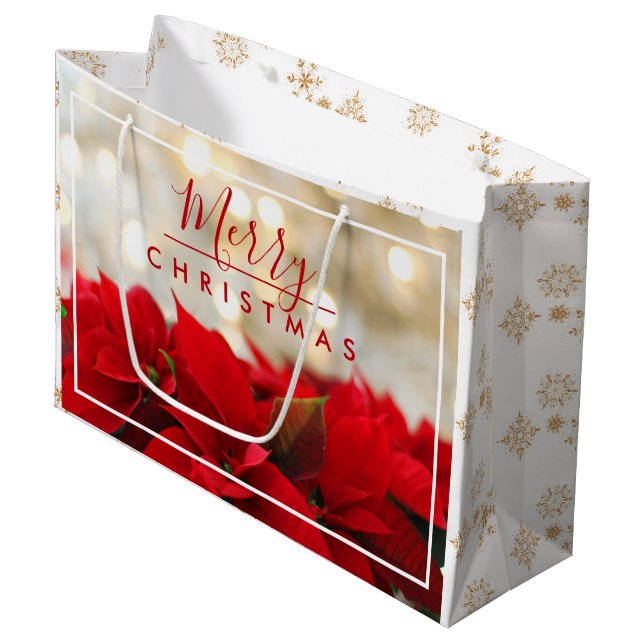 Red Poinsettias with Golden Bokeh Christmas Large Gift Bag (Front Angled)