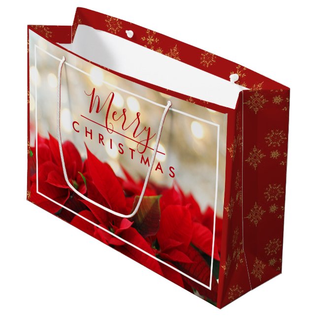 Red Poinsettias with Golden Bokeh Christmas Large Gift Bag (Front Angled)