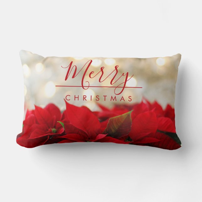 Red Poinsettias with Golden Bokeh Christmas Lumbar Cushion (Front)