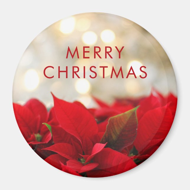 Red Poinsettias with Golden Bokeh Christmas Magnet (Front)