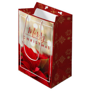 Red Poinsettias with Golden Bokeh Christmas Medium Gift Bag