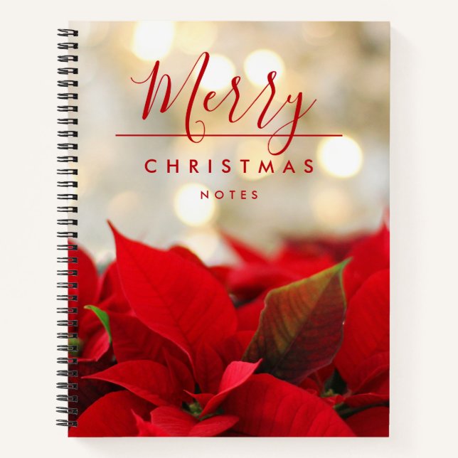 Red Poinsettias with Golden Bokeh Christmas Notebook (Front)