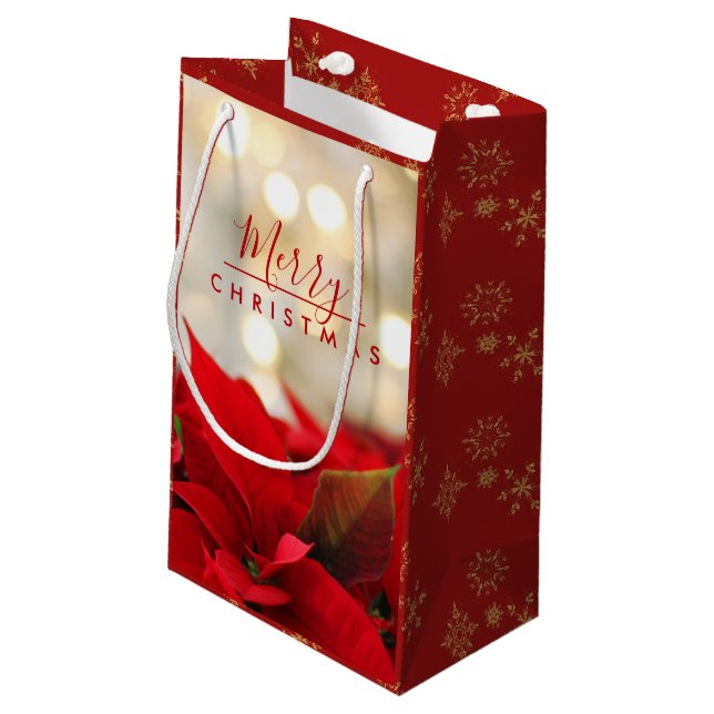 Red Poinsettias with Golden Bokeh Christmas Small Gift Bag (Back Angled)
