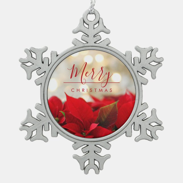 Red Poinsettias with Golden Bokeh Christmas Snowflake Pewter Christmas Ornament (Front)