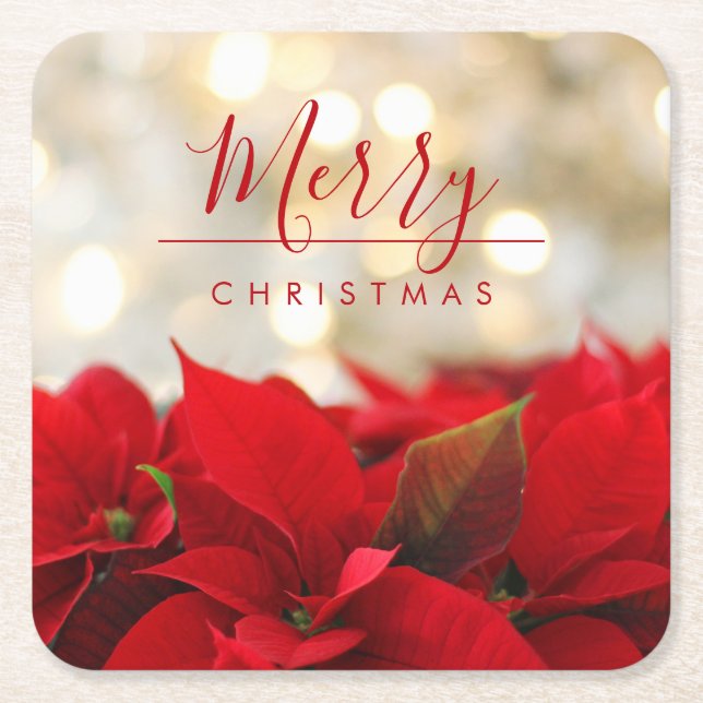 Red Poinsettias with Golden Bokeh Christmas Square Paper Coaster (Front)