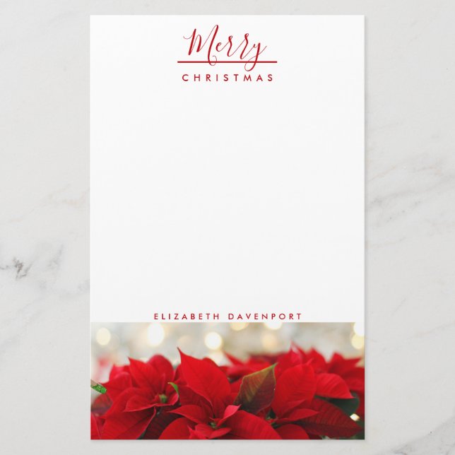 Red Poinsettias with Golden Bokeh Christmas Stationery (Front)