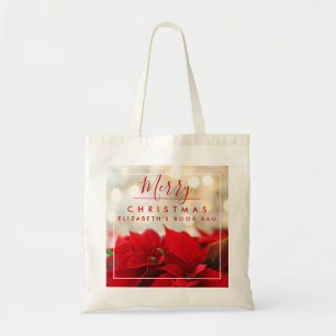 Red Poinsettias with Golden Bokeh Christmas Tote Bag