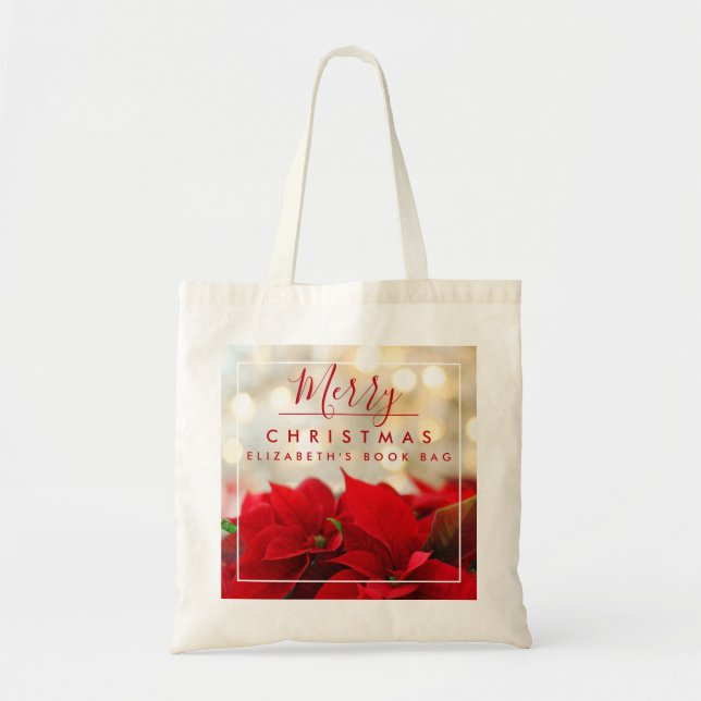 Red Poinsettias with Golden Bokeh Christmas Tote Bag (Front)