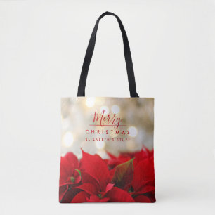 Red Poinsettias with Golden Bokeh Christmas Tote Bag