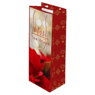 Red Poinsettias with Golden Bokeh Christmas Wine Gift Bag