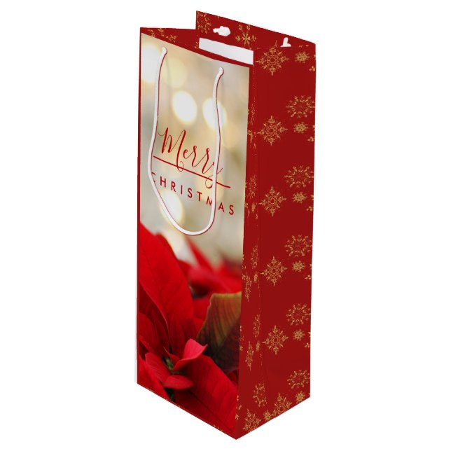 Red Poinsettias with Golden Bokeh Christmas Wine Gift Bag (Front Angled)