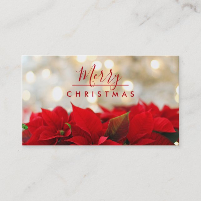 Red Poinsettias with Golden Bokeh Merry Christmas Business Card (Front)